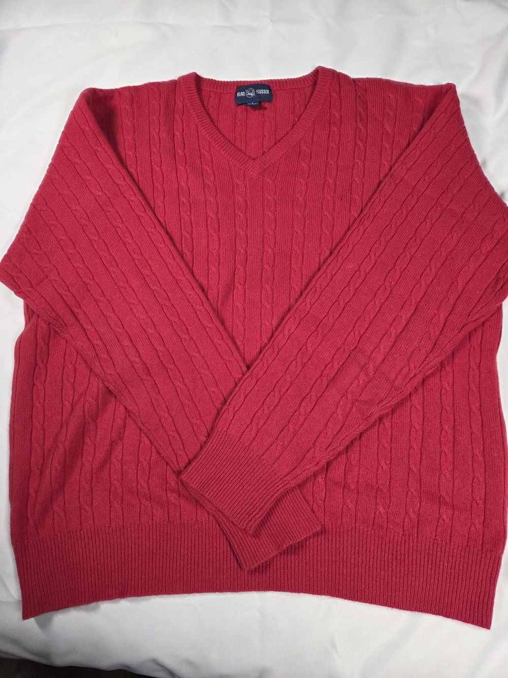 Alan Flusser Bright Red Cable V-Neck Sweater